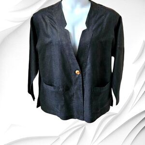 ANDREA JOVINE Women's Plus Size Black Linen Blazer with Pockets 1X-2X